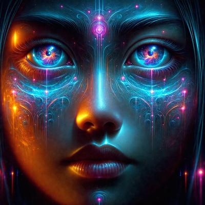 The primary subject of the image is a woman with blue eyes and a blue background. The visual style appears to be a digital art or illustration, as the woman's eyes are described as having a blue glow. The colors and mood of the image are predominantly blue, creating a serene and calming atmosphere.